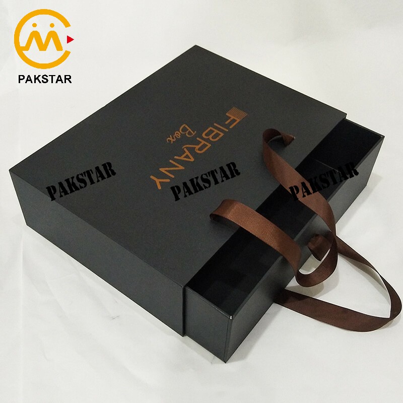 Custom logo black slide gift box packaging with ribbon handle