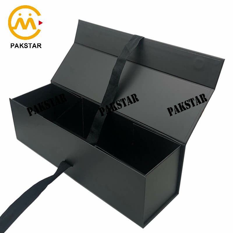 Custom luxury black folding magnetic packaging box with ribbon