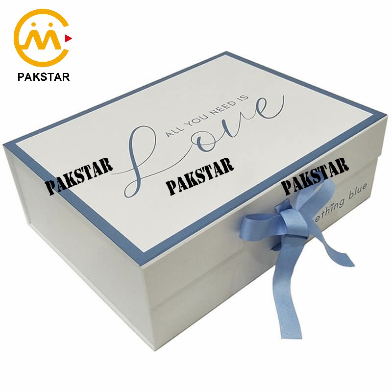 Custom white folding magnetic gift box with ribbon